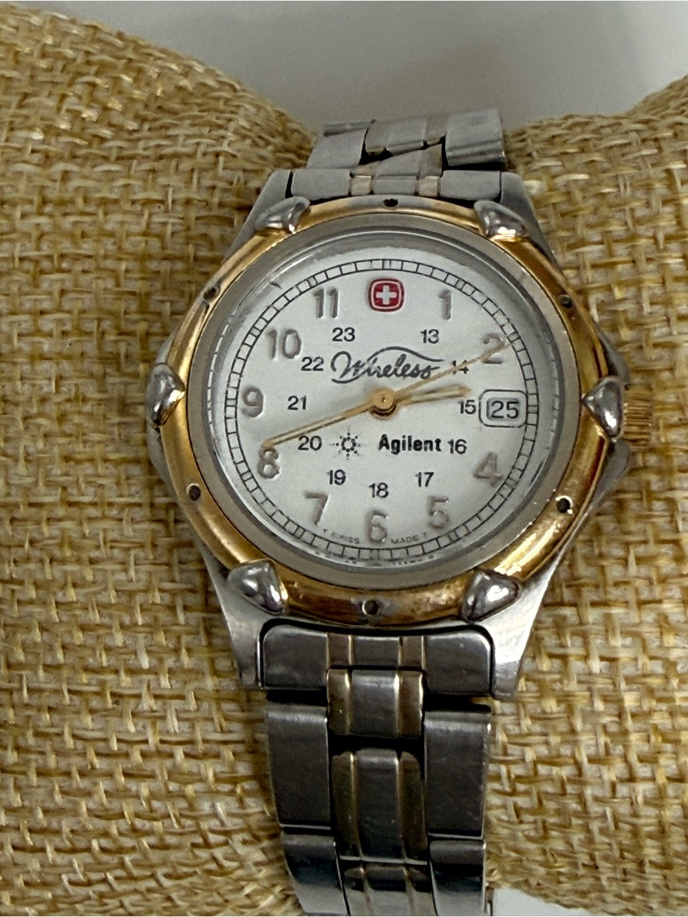 vintage Wenger watch distinctive Agilent Wireless logo on white dial Swiss made